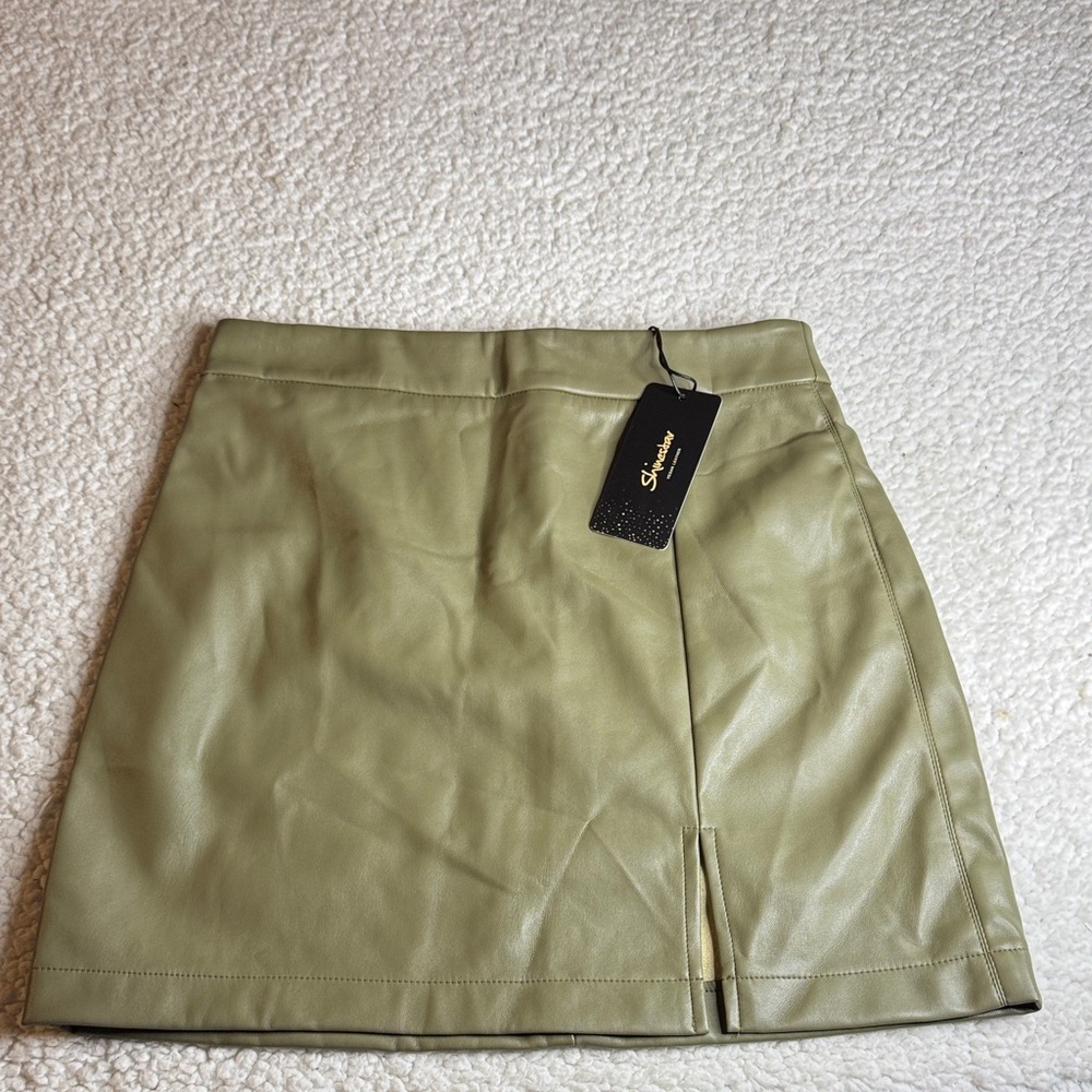 Shinestar Olive Green Faux Leather Mini Skirt